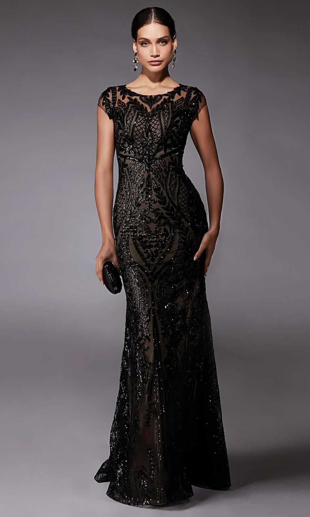 Alyce Paris 27716 - Patterned Sequin Fitted Gown with Cap Sleeves - designer mother of the bride dress at Silhouette Dresses