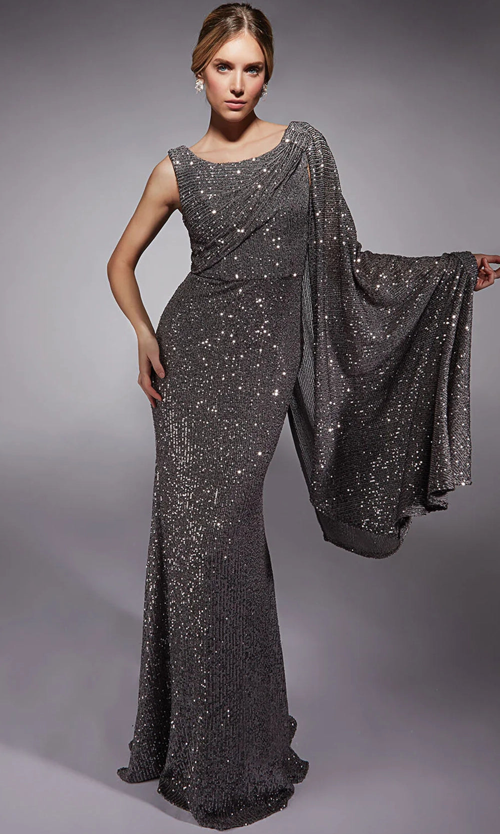 Alyce Paris 27718 - Sequin Ornate One Shoulder Cape Dress - detail view