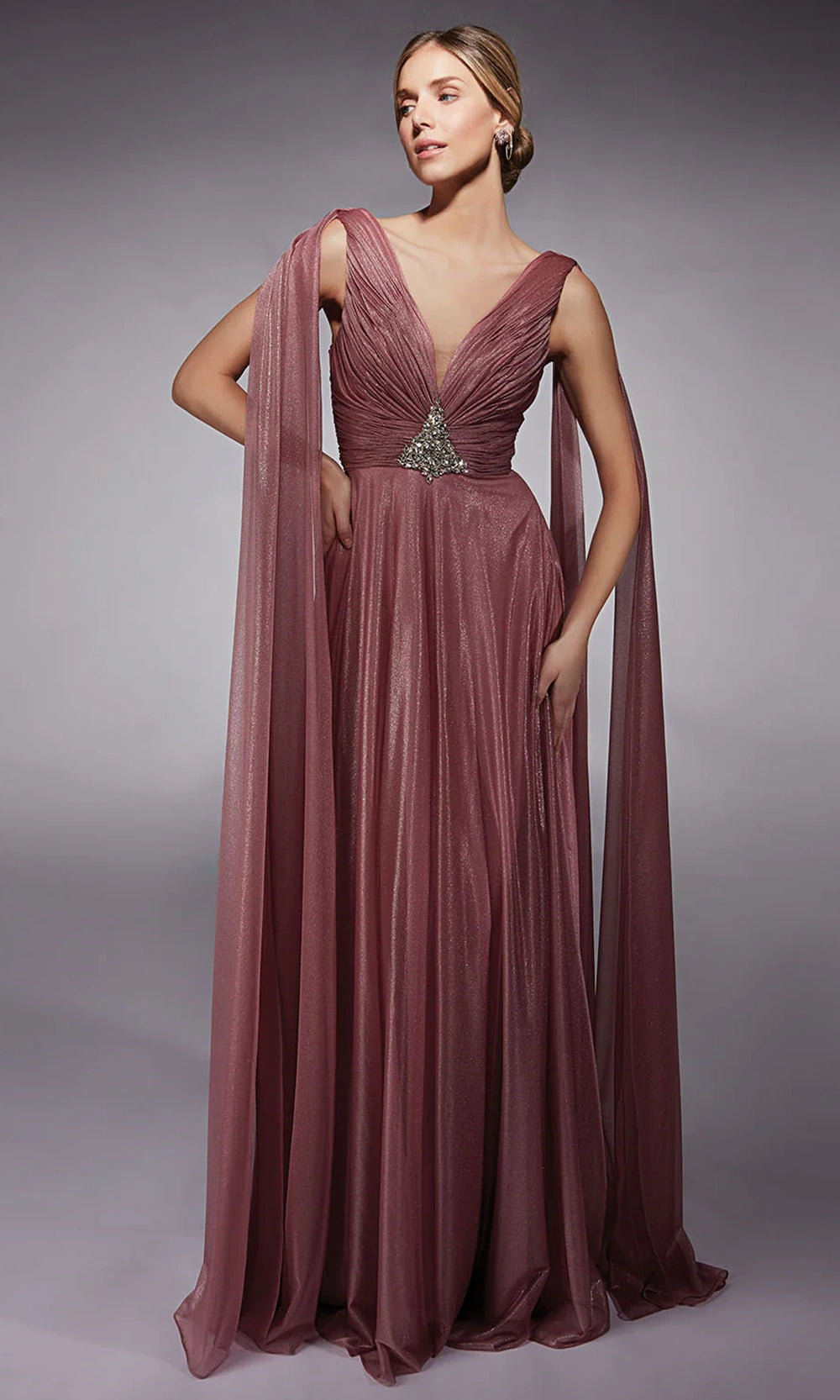 Alyce Paris 27720 - Cape Sleeve Rhinestone Accent Long Gown - detail view