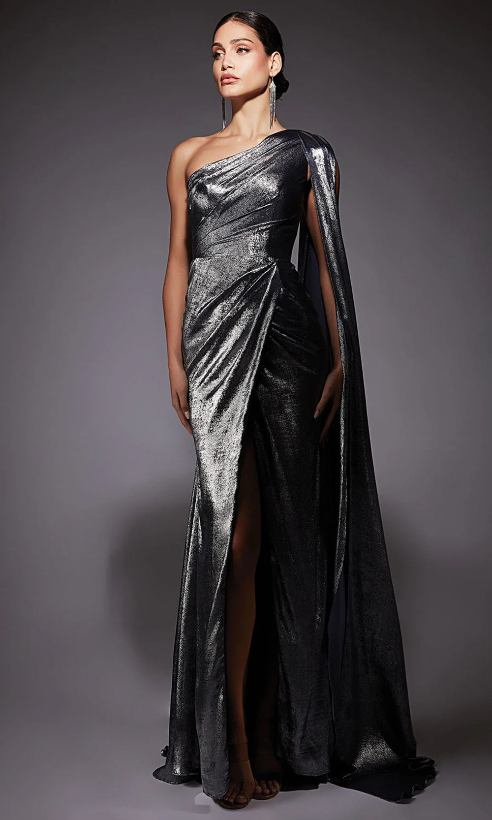 Alyce Paris 27753 - One Shoulder Ruched Metallic Evening Gown - detail view
