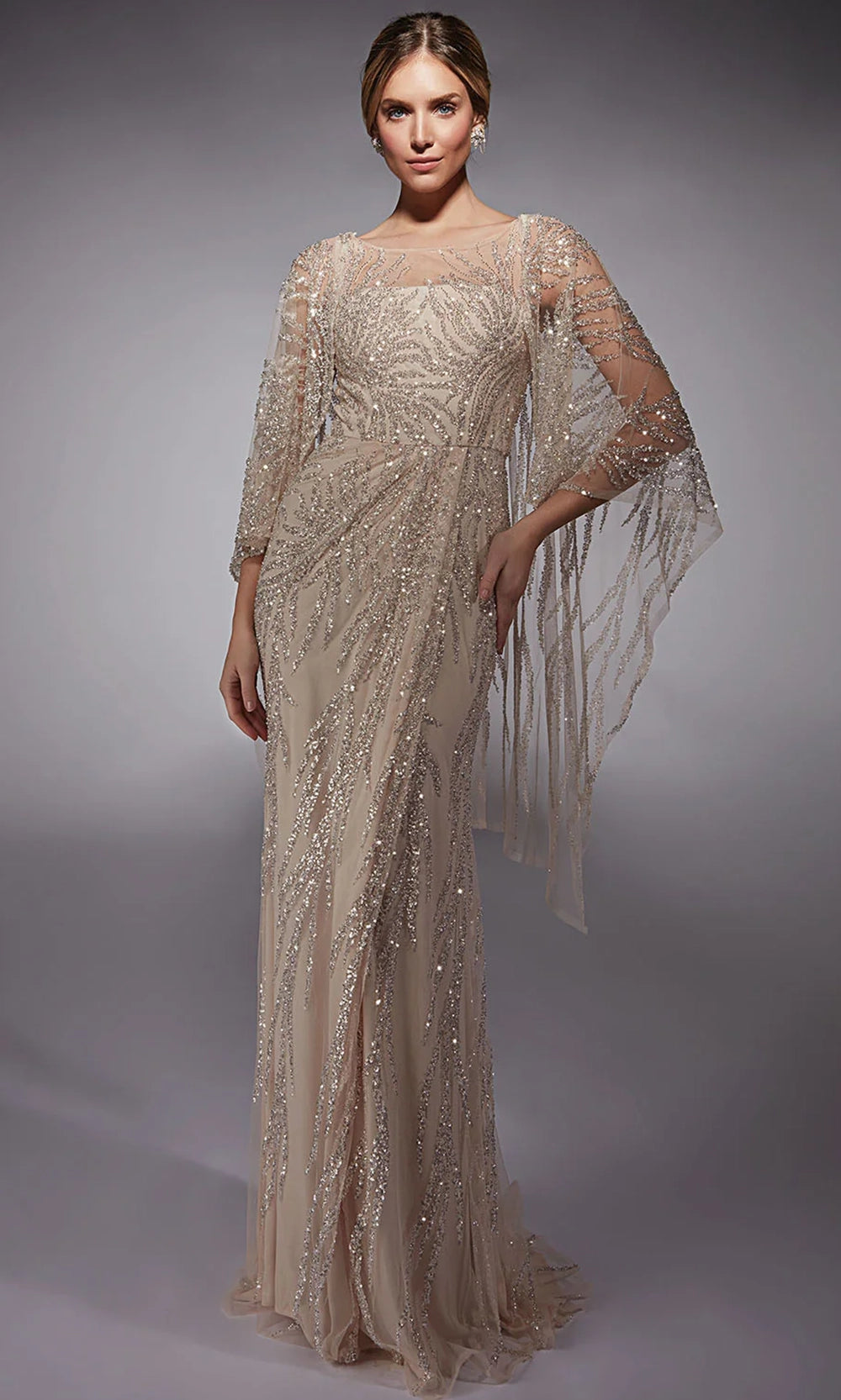 Alyce Paris 27754 - Sheer Cape Sleeves Sequined Gown - designer mother of the bride dress at Silhouette Dresses
