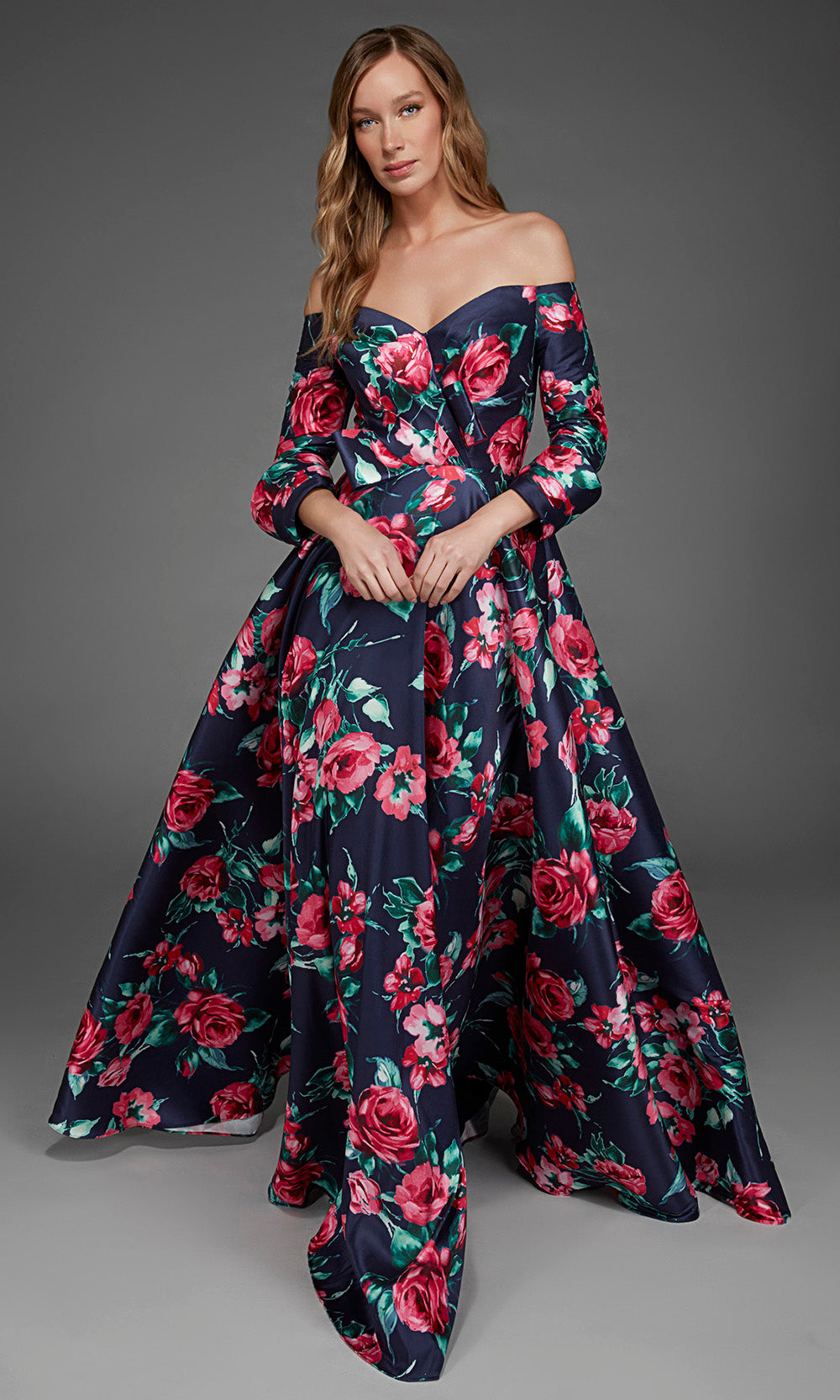Alyce Paris 27910 - Floral Print Three-Quarter Sleeve Evening Gown