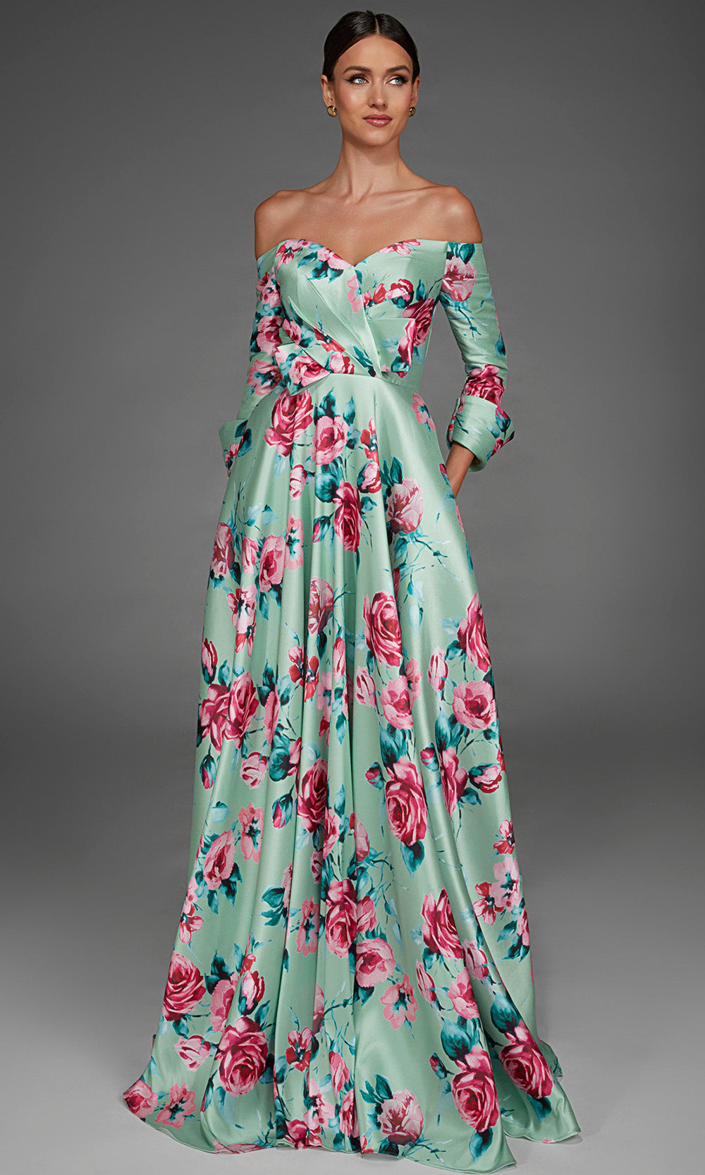 Alyce Paris 27910 - Floral Print Three-Quarter Sleeve Evening Gown
