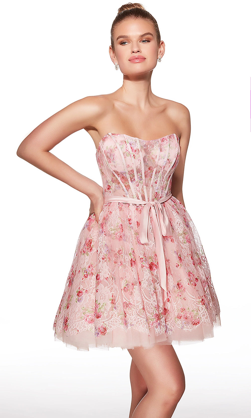 Alyce Paris 30019 - Strapless Floral Lace Corset Mini Dress - designer cocktail dress at Silhouette Dresses
