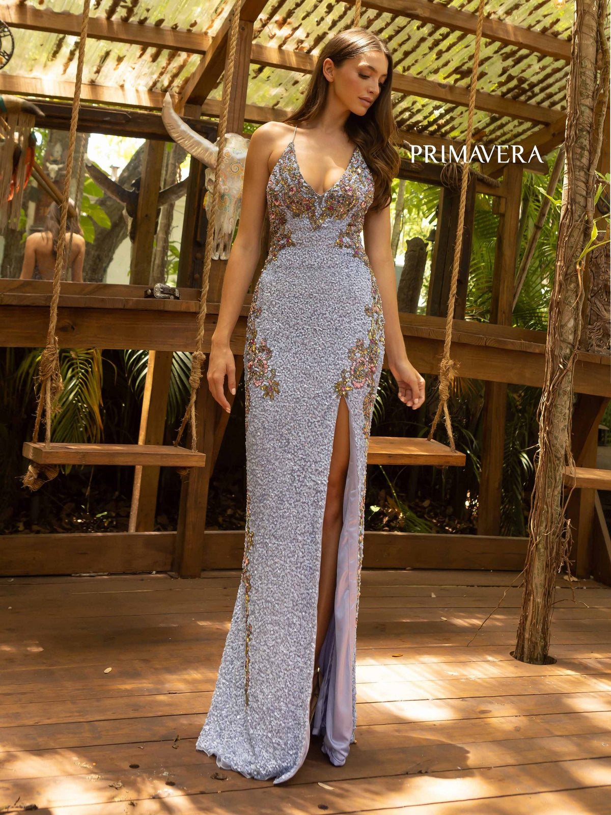 Primavera Couture - 3211 Strappy Plunging V-neck Gown with Slit