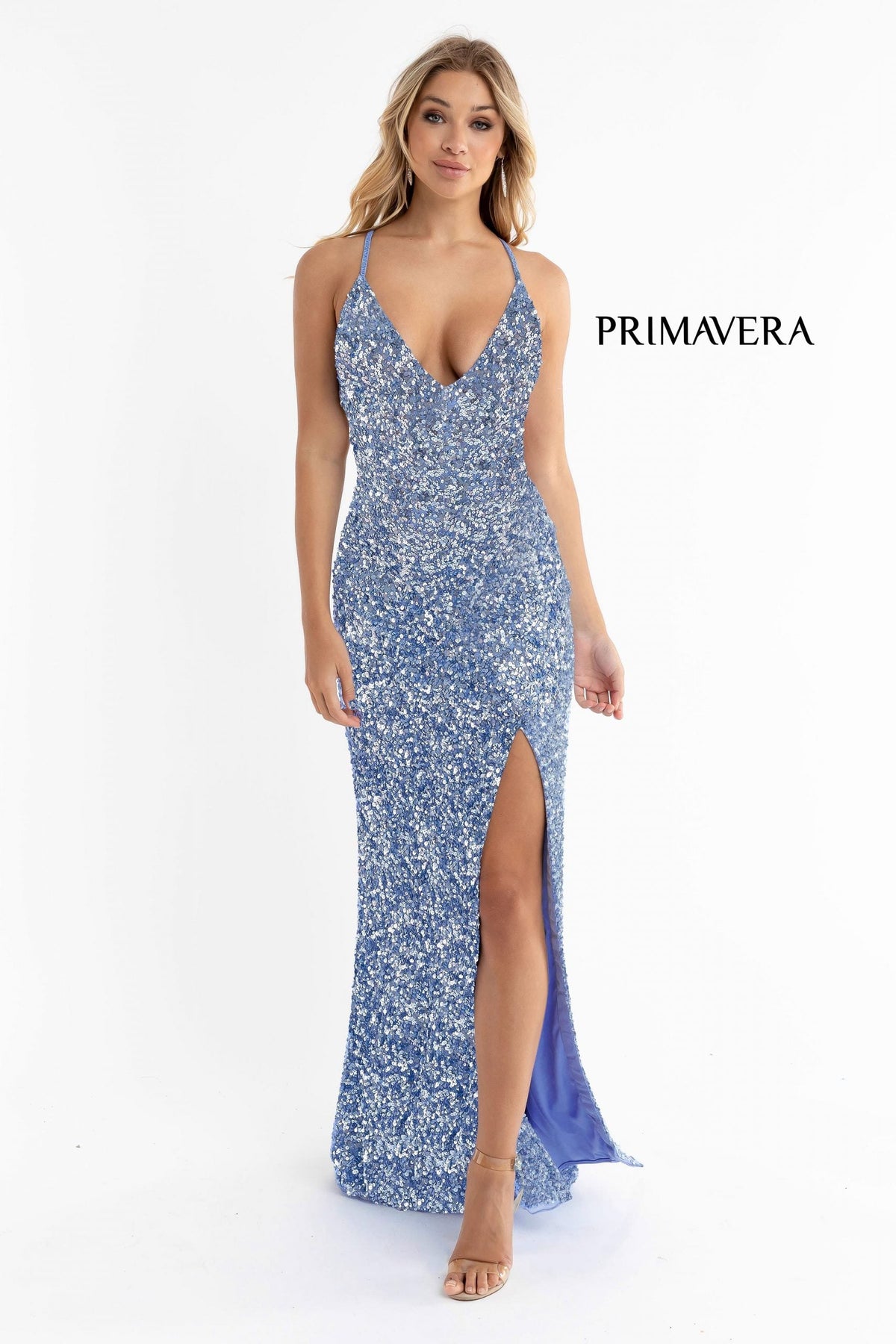 Primavera Couture - 3291 Sparkling Allover Sequin V Neck Sheath Gown
