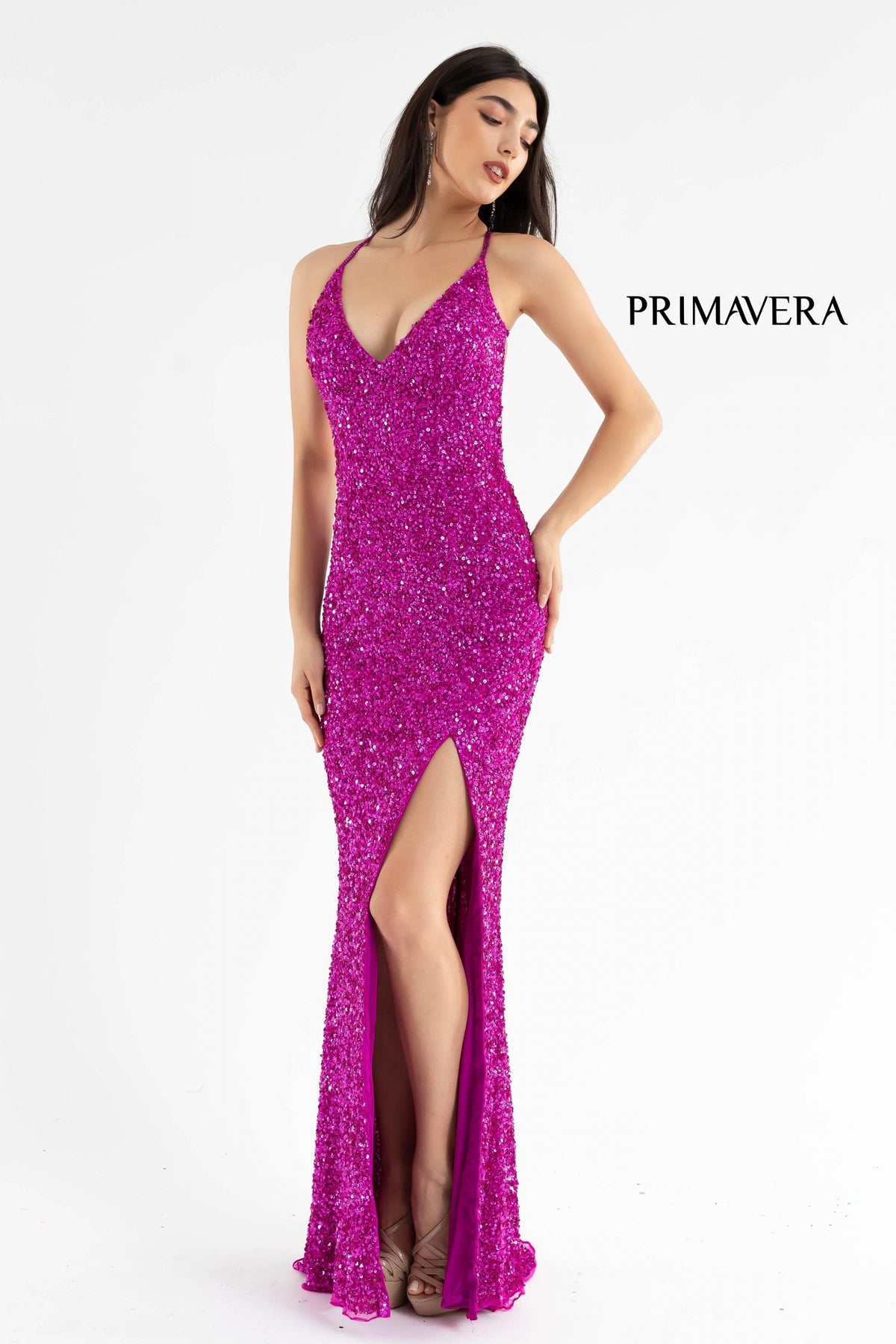 Primavera Couture - 3291 Sparkling Allover Sequin V Neck Sheath Gown