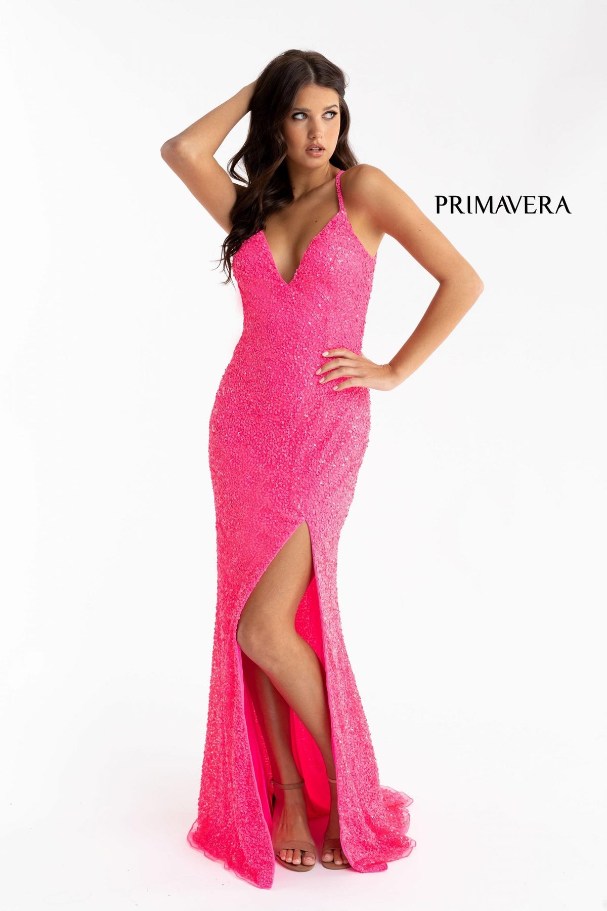 Primavera Couture - 3291 Sparkling Allover Sequin V Neck Sheath Gown
