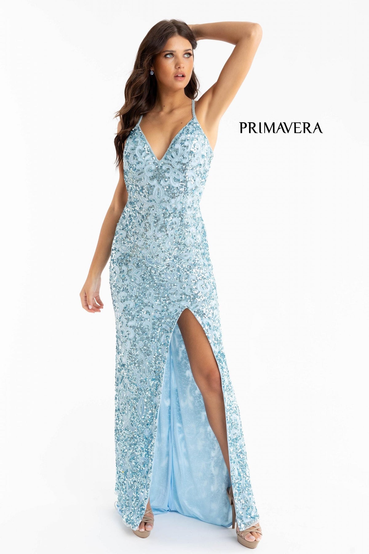 Primavera Couture - 3295 Sequined Scroll Motif High Slit Gown