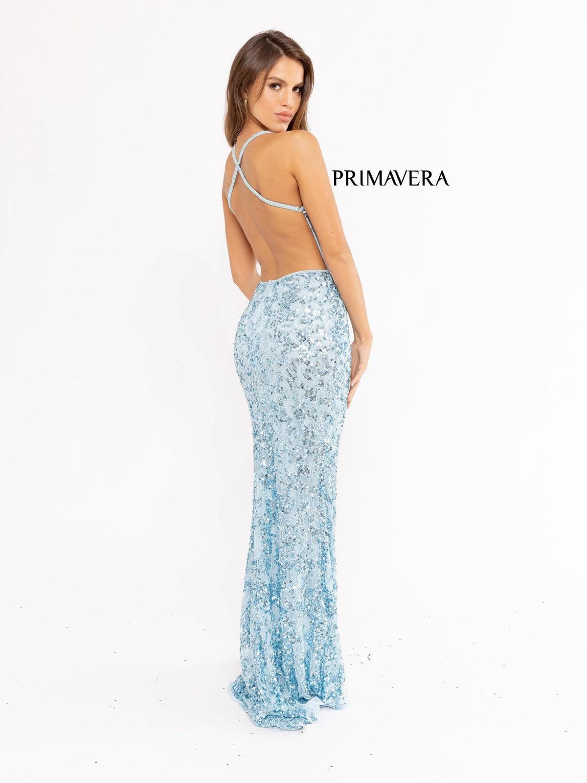 Primavera Couture - 3295 Sequined Scroll Motif High Slit Gown