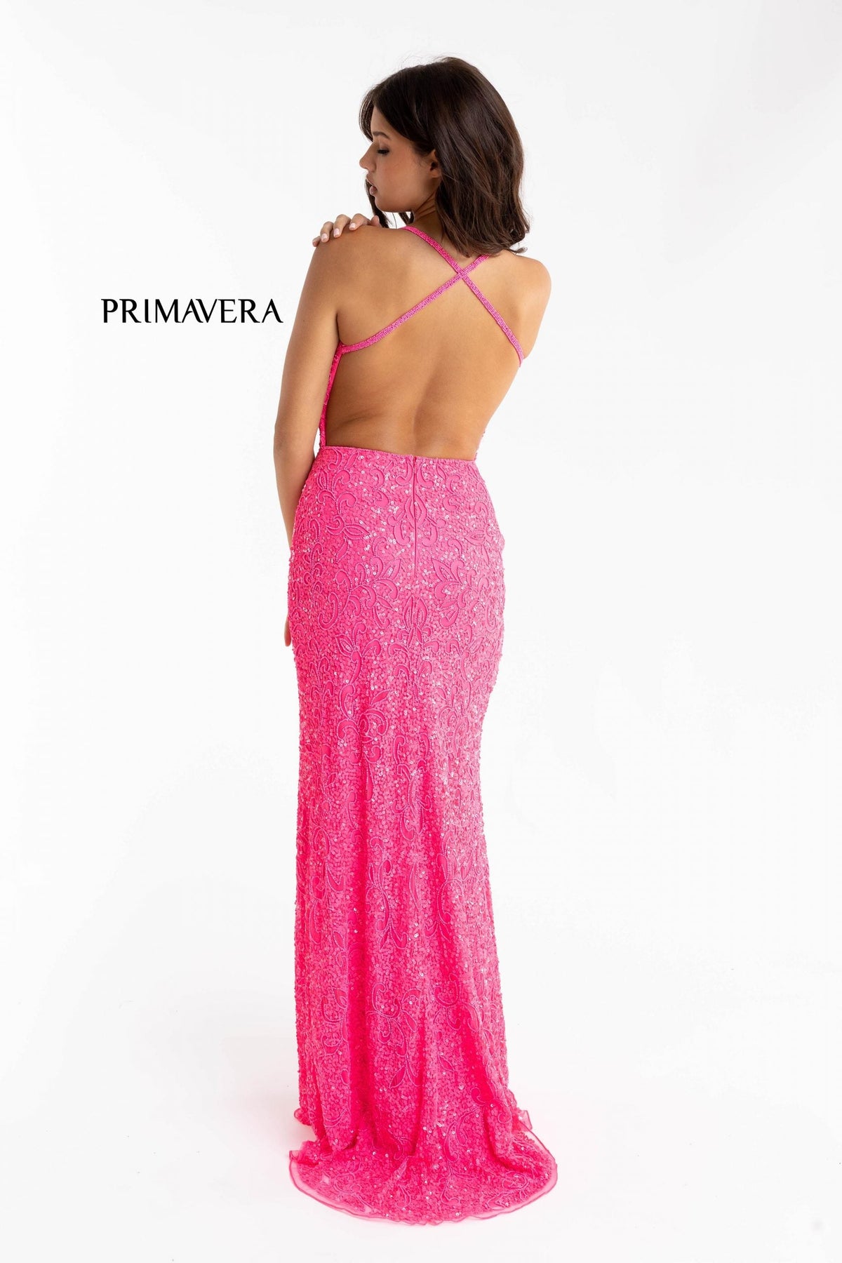 Primavera Couture - 3295 Sequined Scroll Motif High Slit Gown
