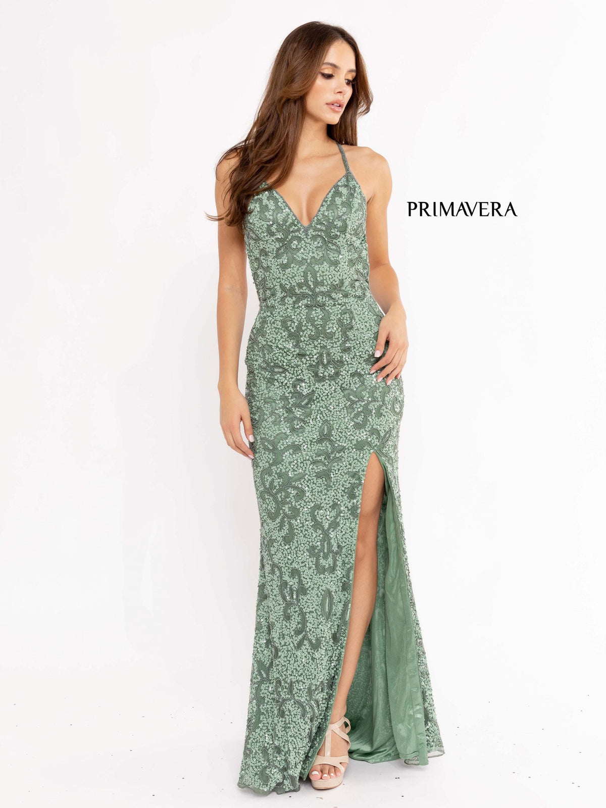 Primavera Couture - 3295 Sequined Scroll Motif High Slit Gown