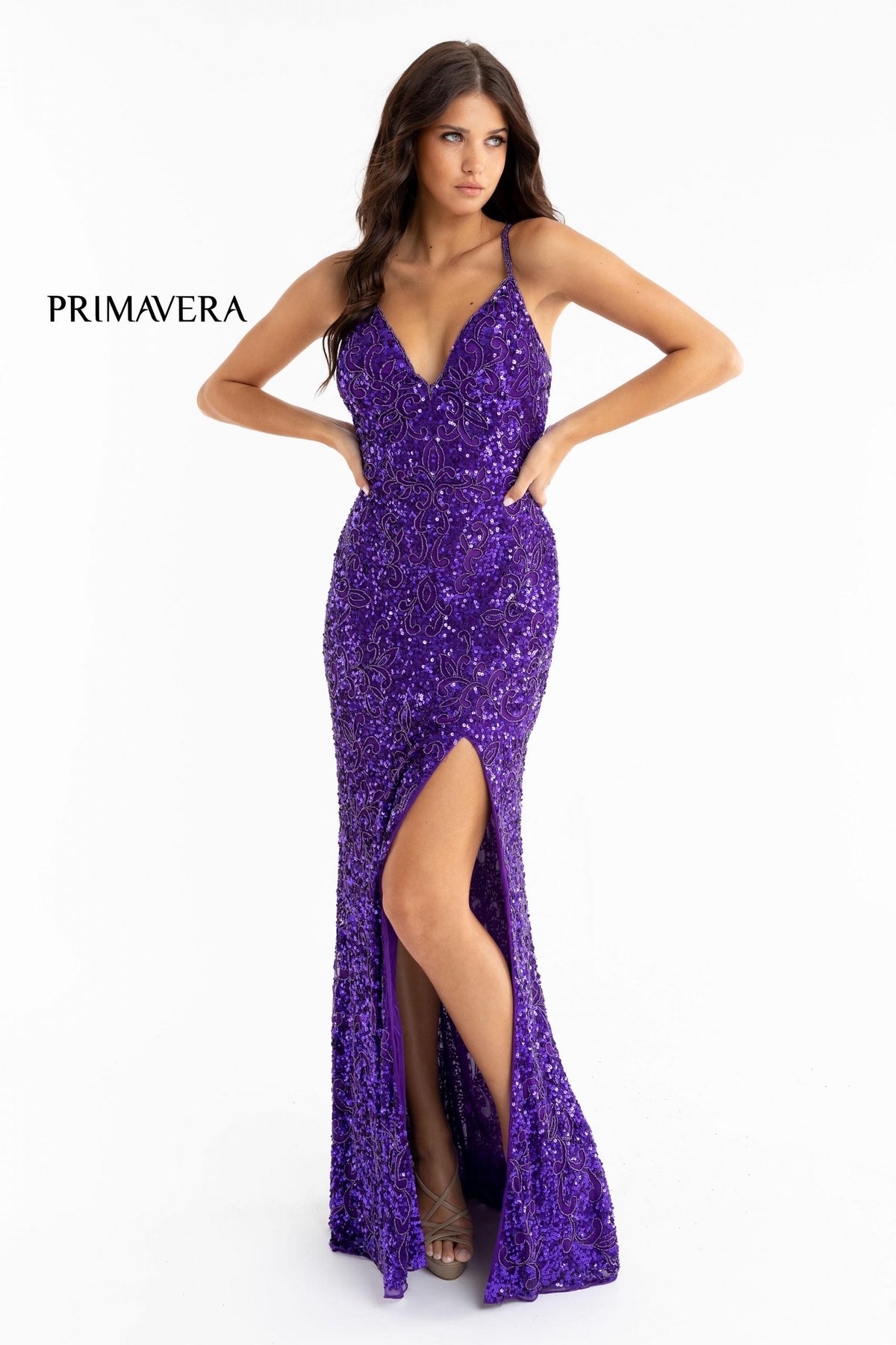 Primavera Couture - 3295 Sequined Scroll Motif High Slit Gown