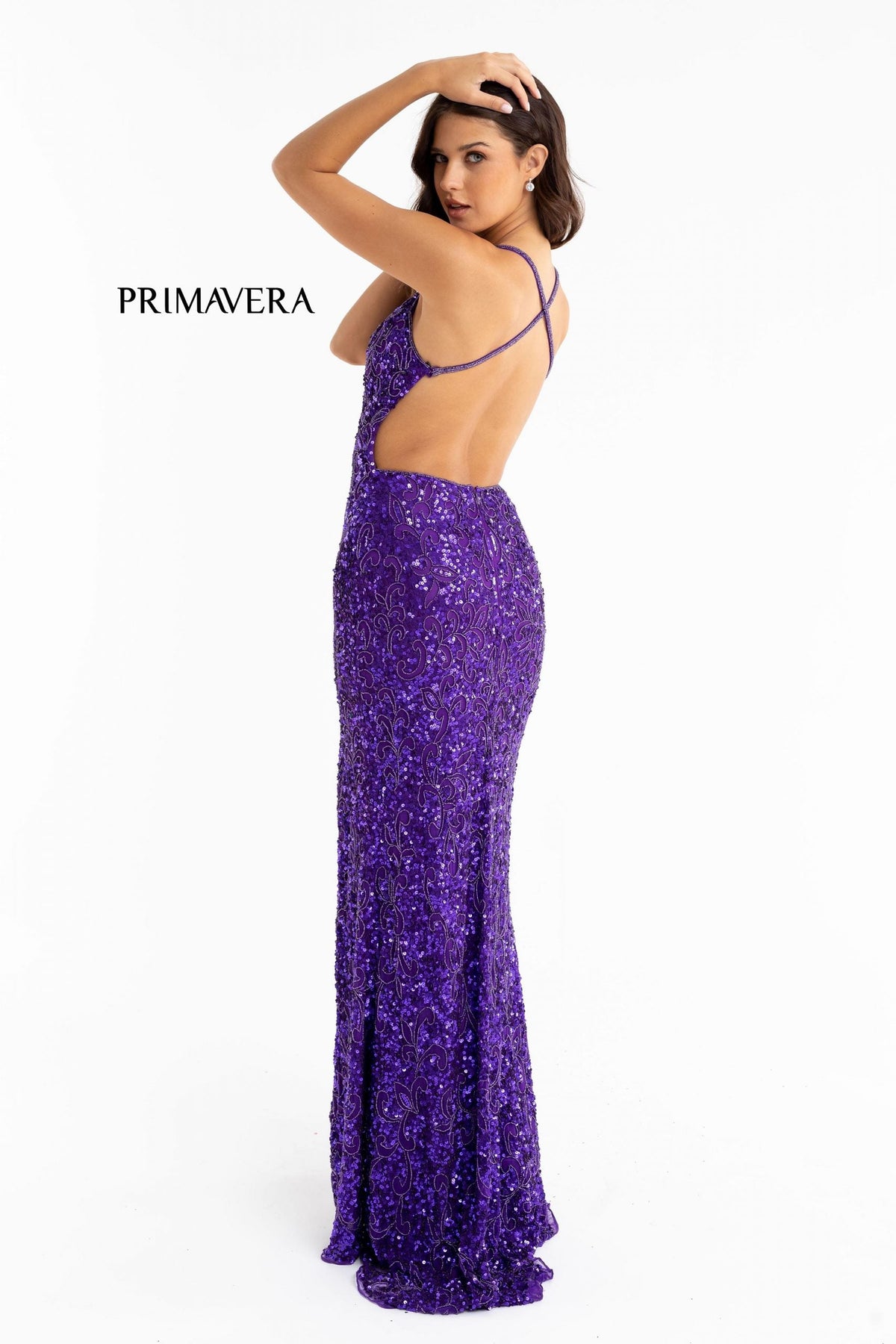 Primavera Couture - 3295 Sequined Scroll Motif High Slit Gown