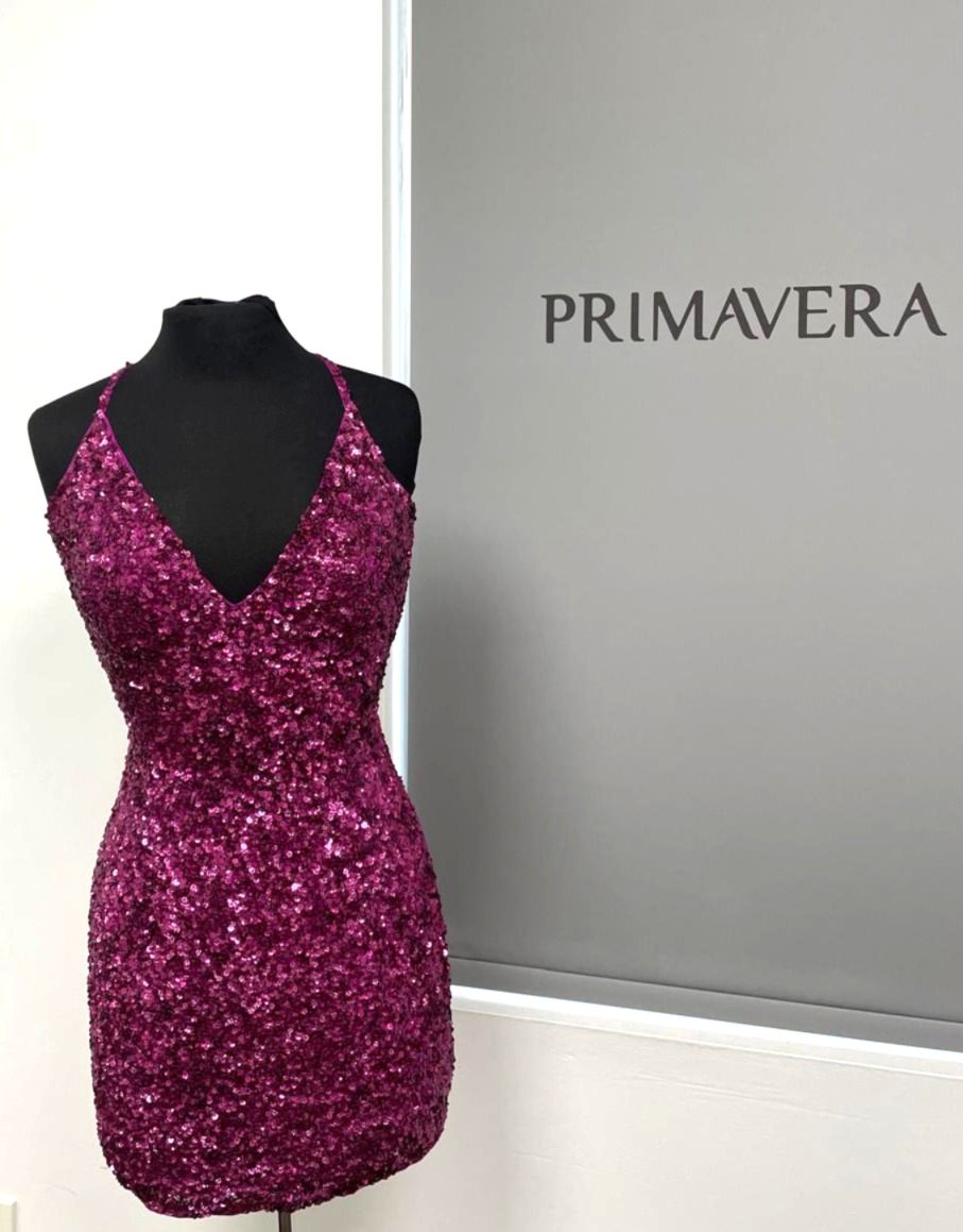 Primavera Couture - 3352 V-Neck Open Back Sequin Fitted Cocktail Dress