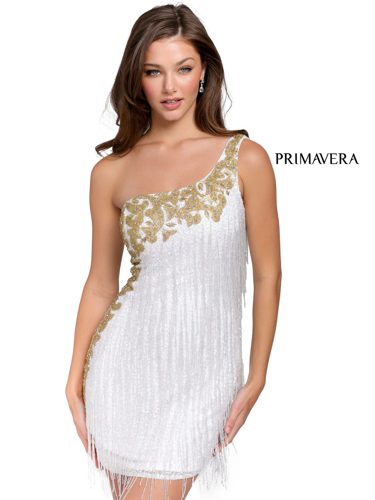 Primavera Couture - 3556 One Shoulder Bead-Fringed Dress