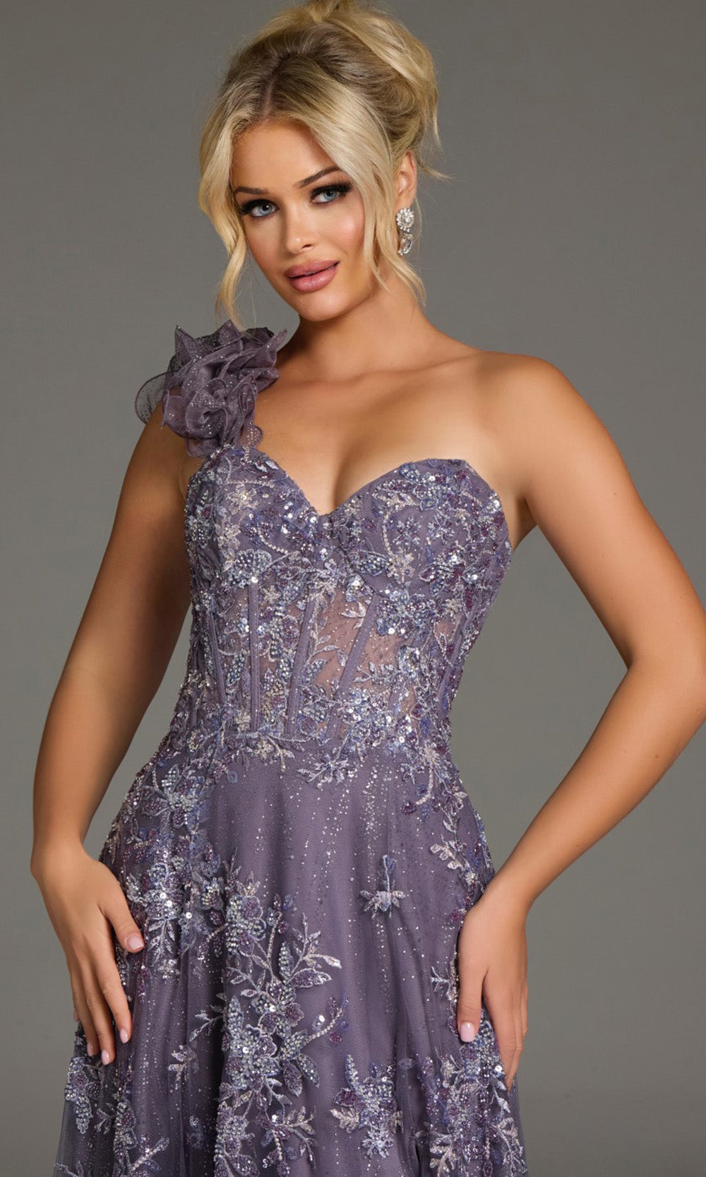 Jovani 37353 - One Shoulder Floral Embroidered Gown - detail view