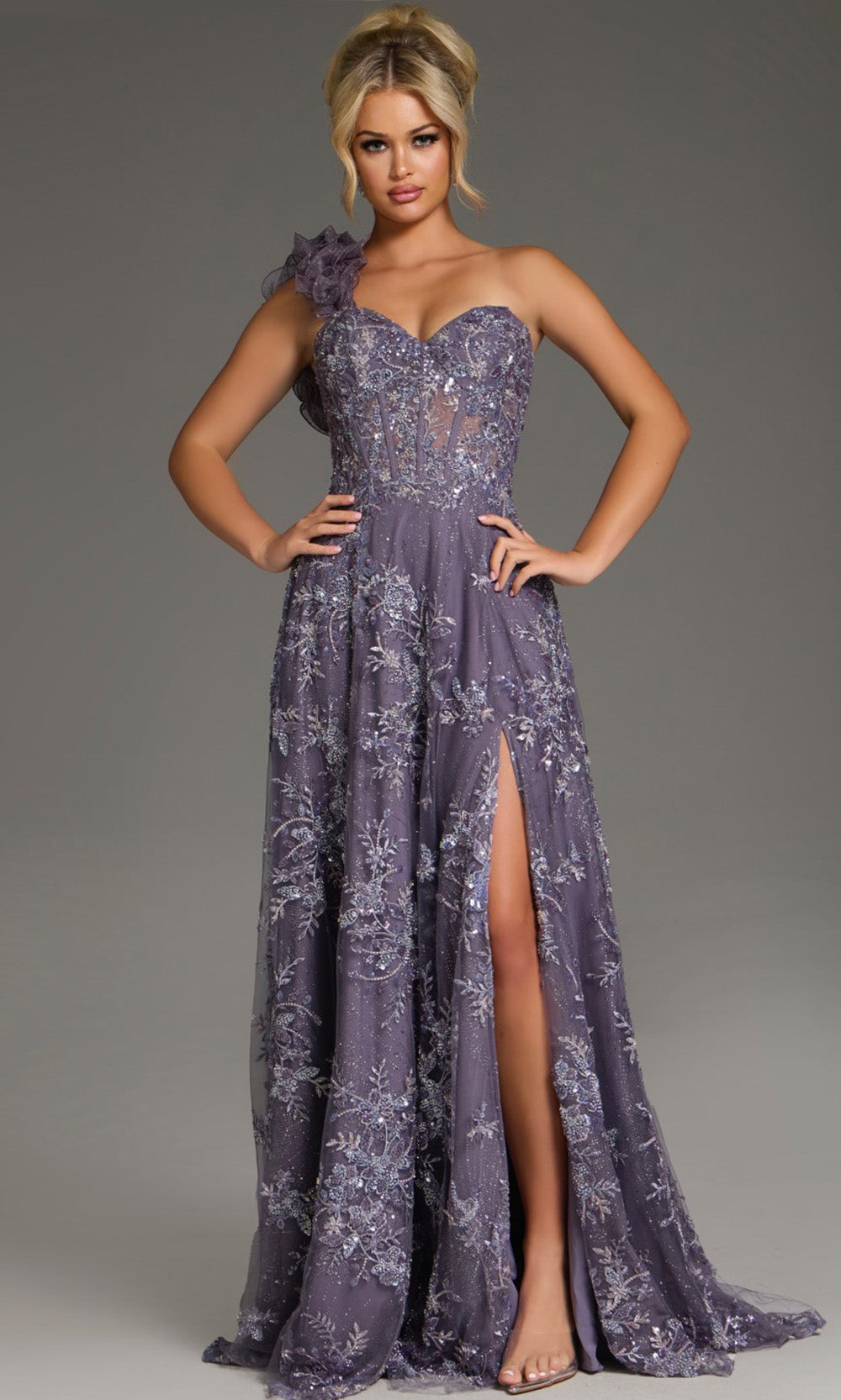 Jovani 37353 - One Shoulder Floral Embroidered Gown - designer formal gown at Silhouette Dresses