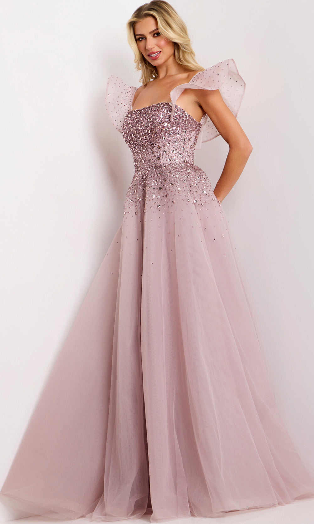 Jovani 37423 - Flutter Sleeve Embellished A-Line Gown - back view