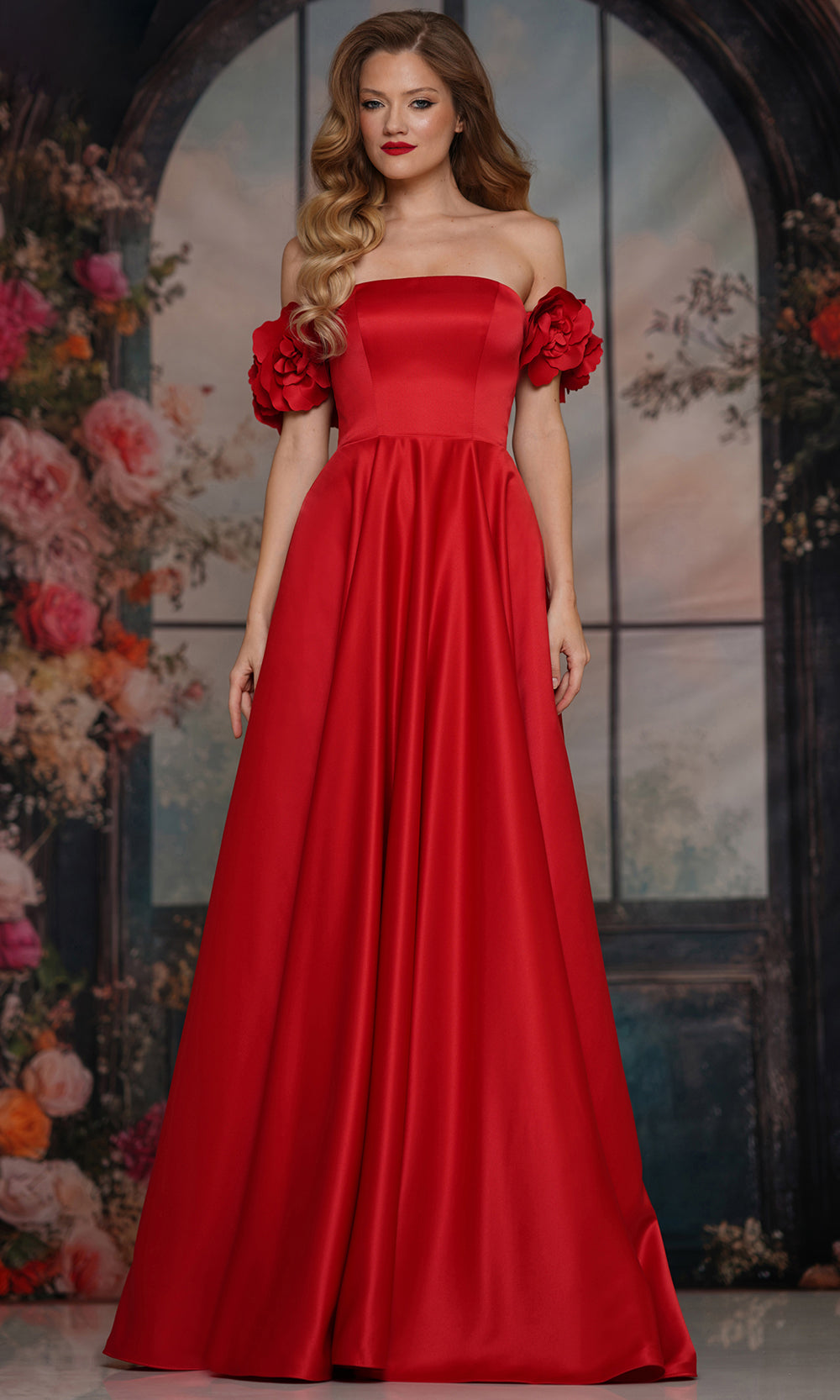 Colors Dress 3744 - Straight Neckline Floral Sleeve Gown - back view