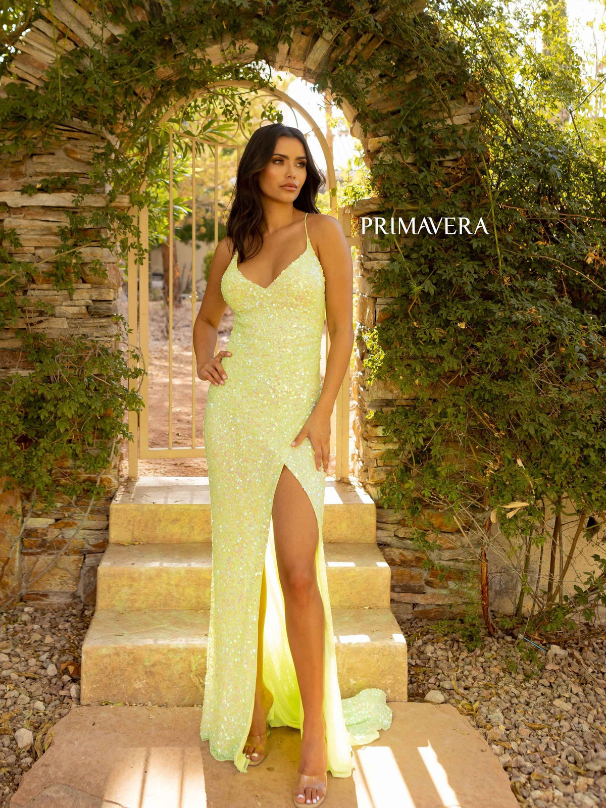 Primavera Couture - 3791 V-Neck Sequin Lace Up Dress