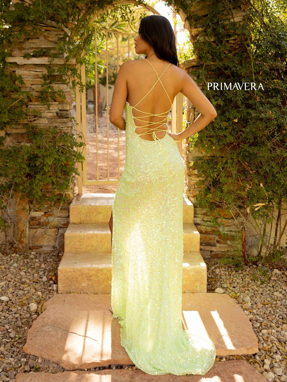 Primavera Couture - 3791 V-Neck Sequin Lace Up Dress