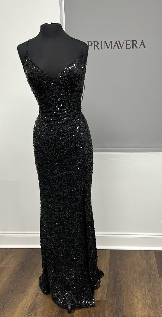 Primavera Couture - 3791 V-Neck Sequin Lace Up Dress