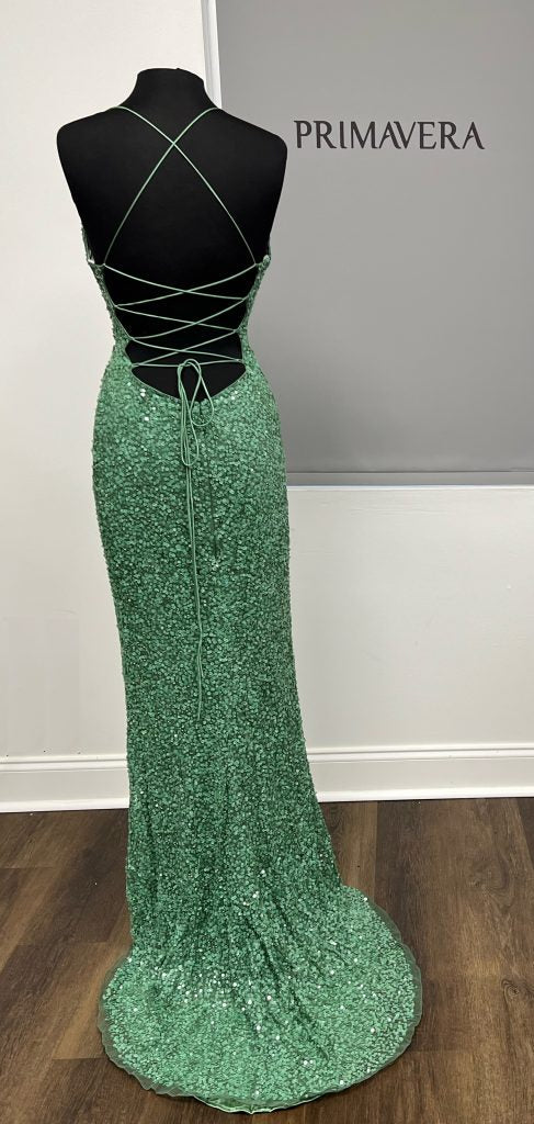 Primavera Couture - 3791 V-Neck Sequin Lace Up Dress