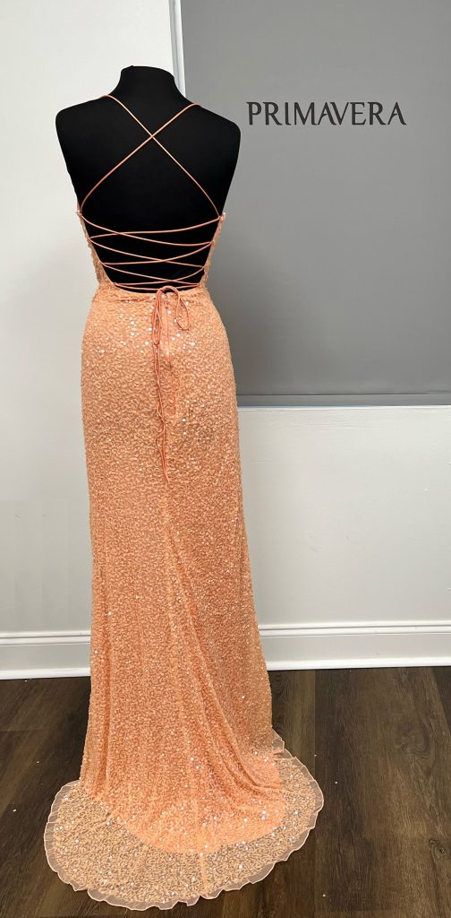 Primavera Couture - 3791 V-Neck Sequin Lace Up Dress