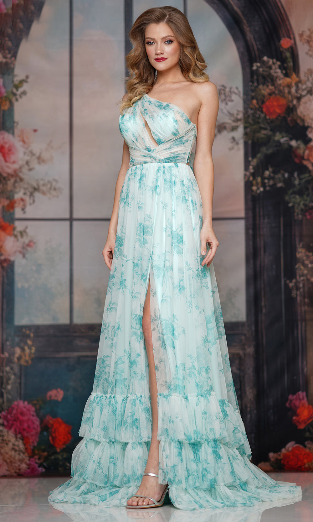 Colors Dress 3814 - One Shoulder Floral Tiered Gown - back view