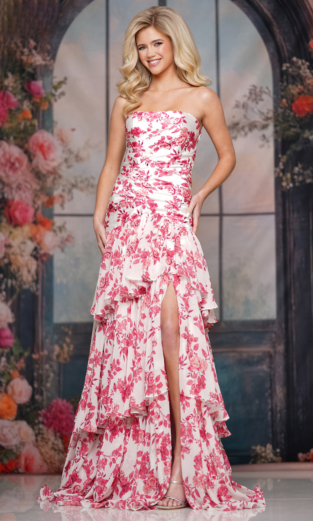 Colors Dress 3888 - Strapless Tiered Ruffle Floral Gown - back view