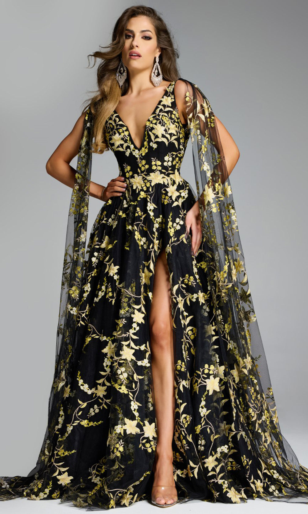 Jovani 39035 - Embroidered Floral Gown with Cape Sleeves - designer formal gown at Silhouette Dresses