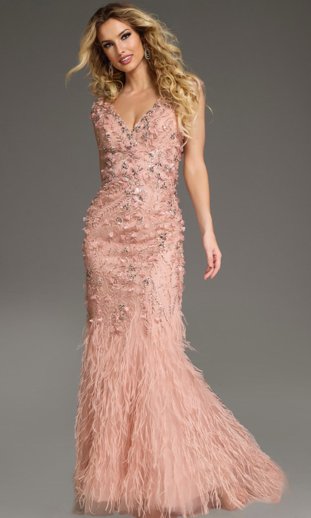 Jovani 39174 - Plunging Neck Feather Mermaid Gown - designer formal gown at Silhouette Dresses