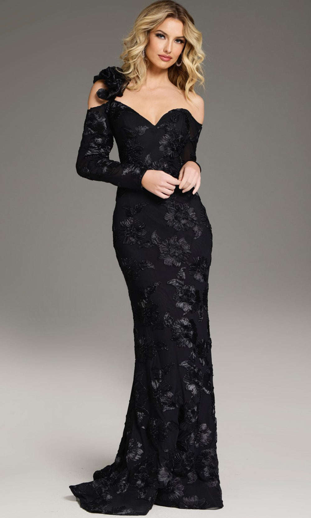 Jovani 39266 - Long Sleeve Floral Lace Evening Gown - detail view