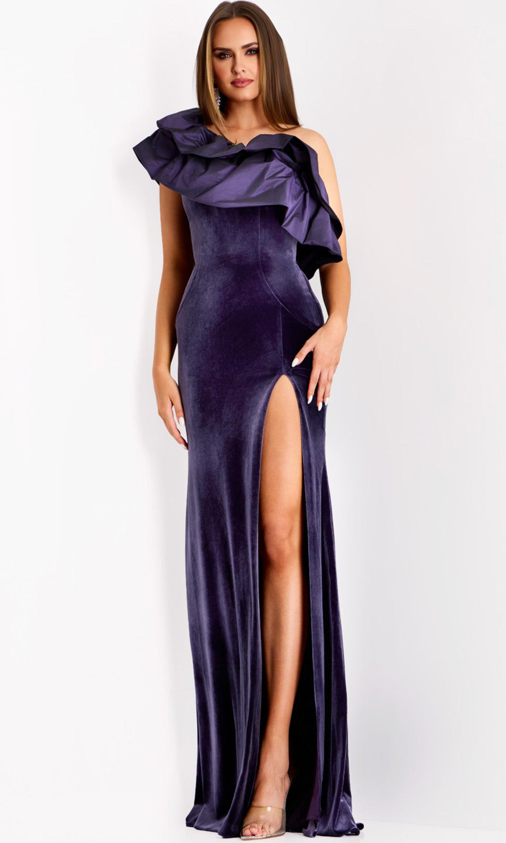 Jovani 39887 - Velvet Ruffle One Shoulder Gown - view 6