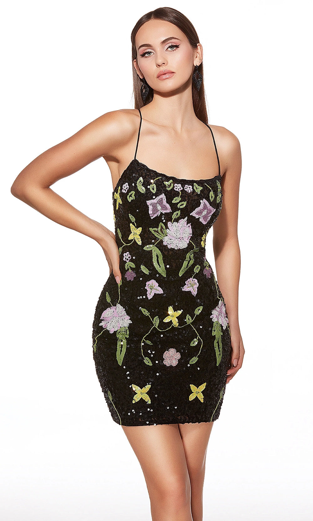 Alyce Paris 40061 - Beaded Floral Lace Up Mini Dress - designer cocktail dress at Silhouette Dresses