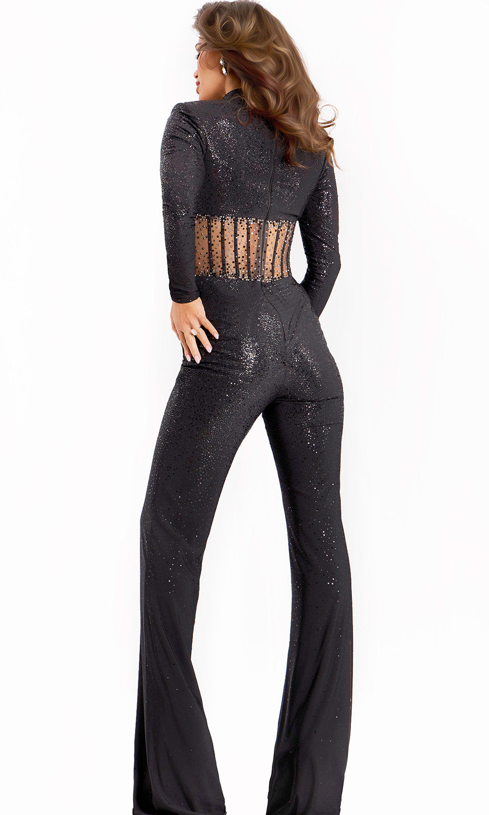 Jovani 40183 - Embellished Illusion Waist High Neck Jumpsuit - back view