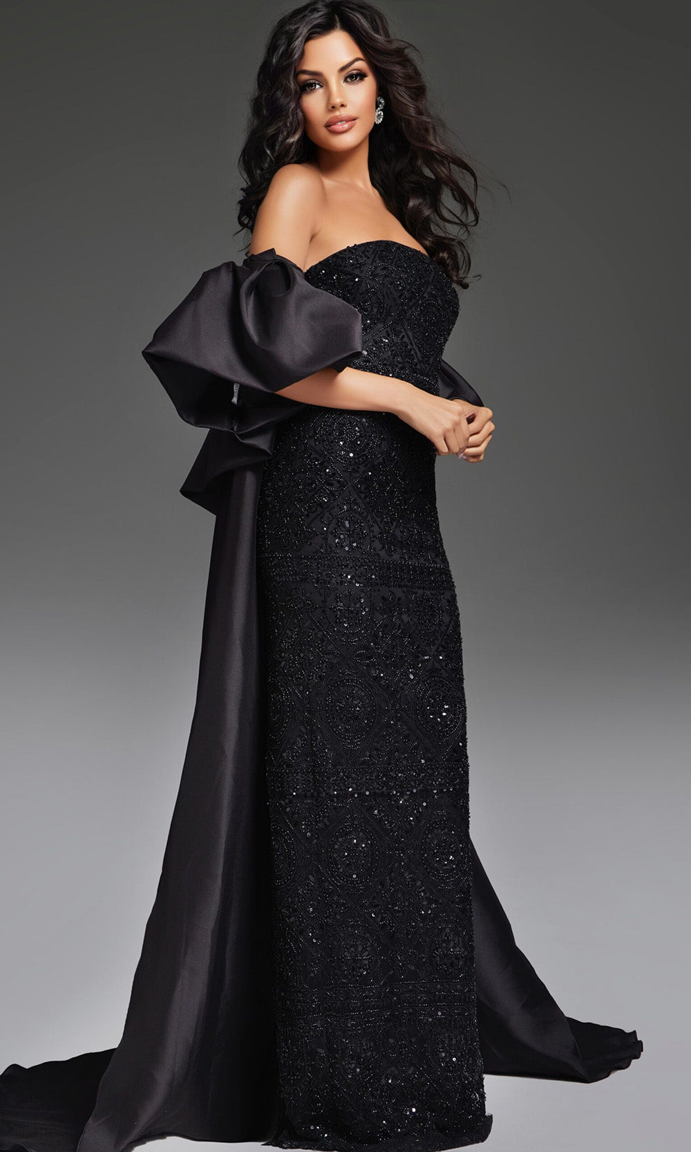 Jovani 42137 - Detachable Cape Beaded Sheath Gown - back view