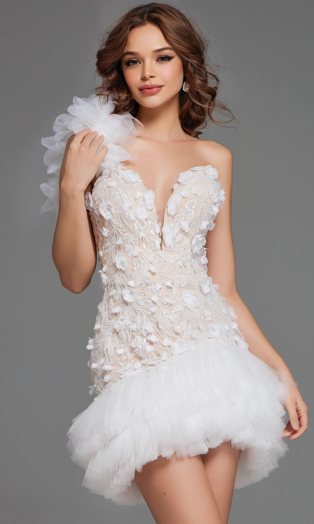 Jovani 42536 - Floral Applique Ruffled One Shoulder Dress - back view