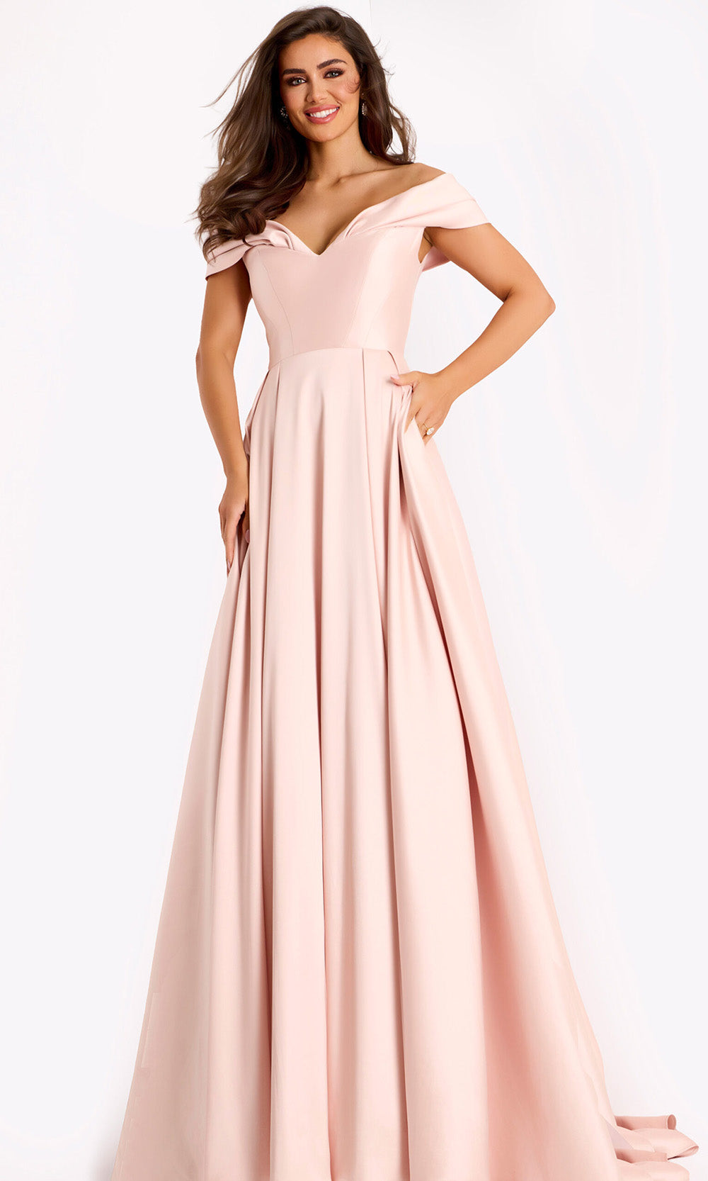 Jovani 43279 - Satin Off Shoulder A-Line Evening Gown - detail view