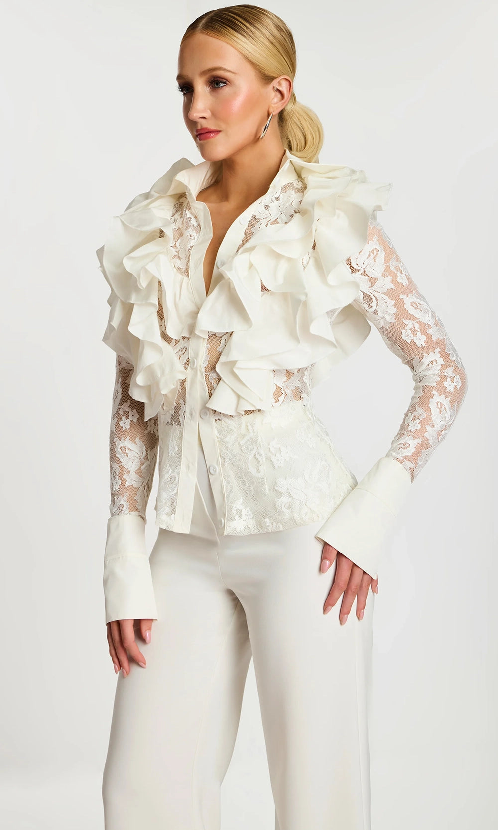 Jovani 43365 - Ruffled Lace V-Neckline Satin Pantsuit - detail view