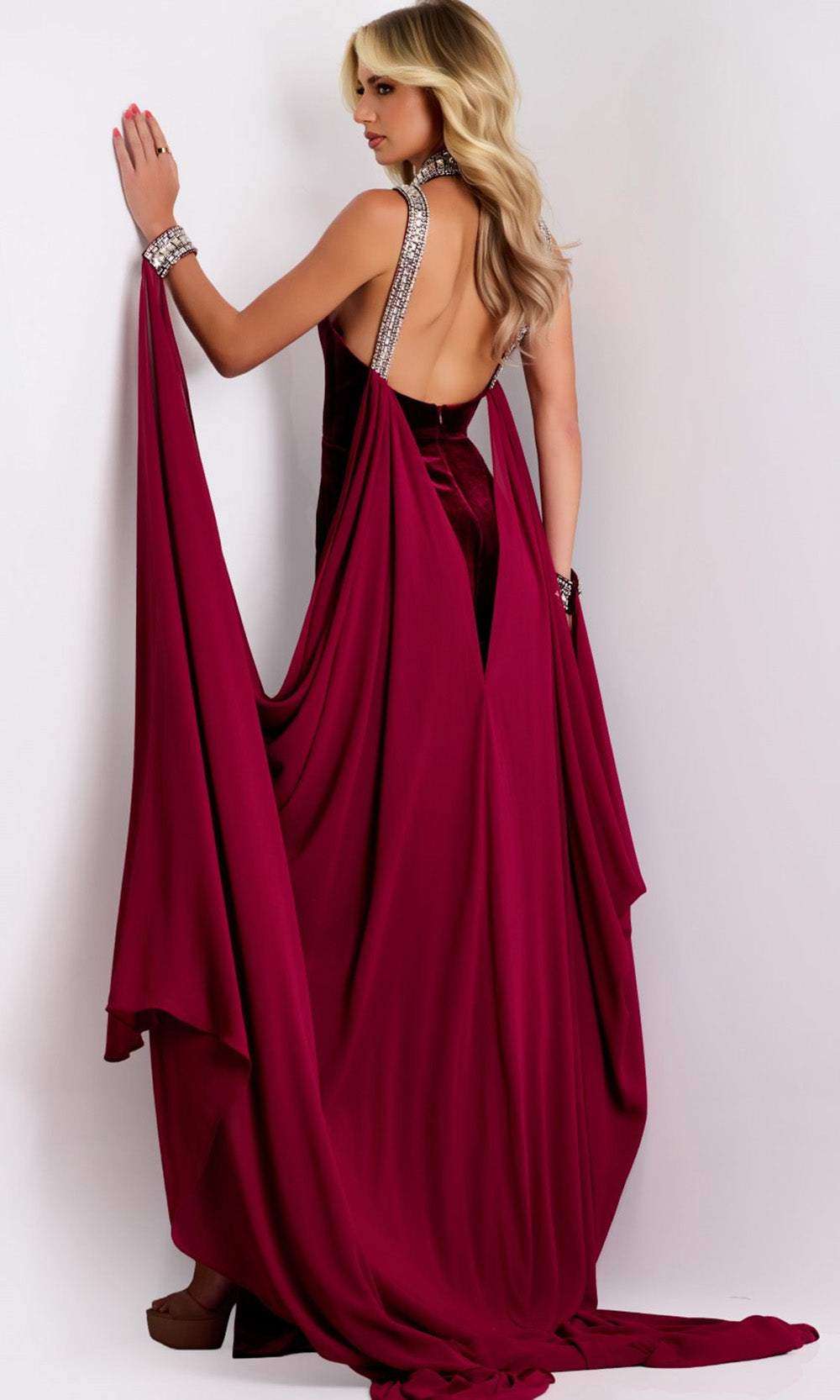 Jovani 43699 - Velvet Halter Gown with Chiffon Overlay - detail view