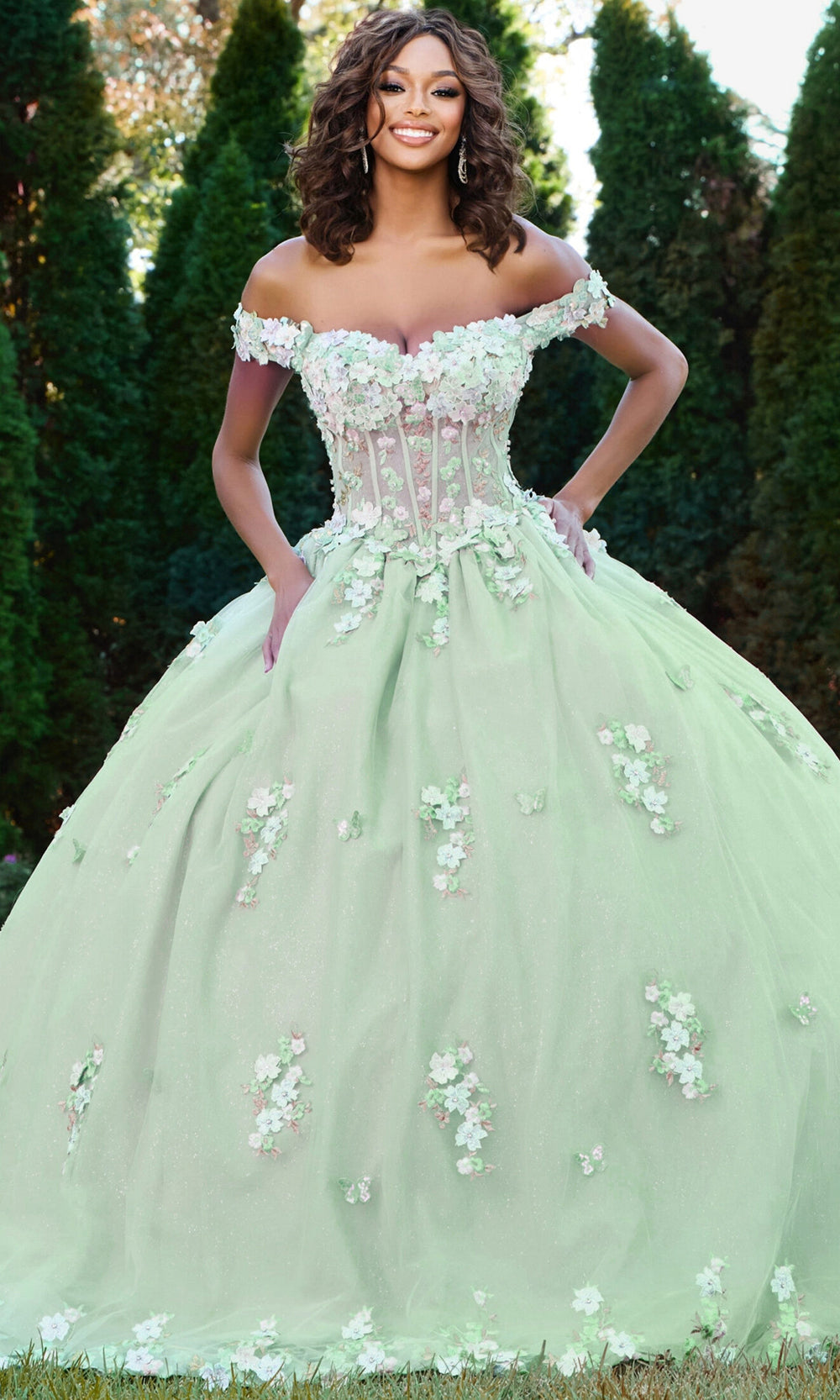 Jovani Q43811 - Floral Applique Illusion Corset Ballgown - designer quinceanera gown at Silhouette Dresses