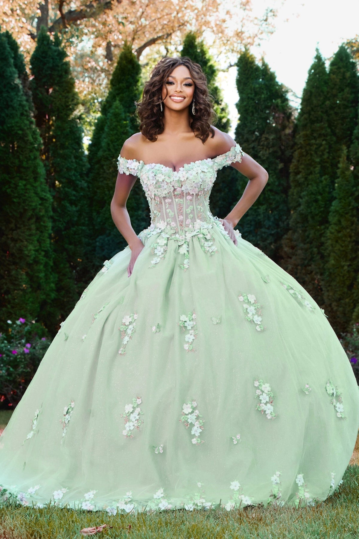 Jovani Q43811 - Floral Applique Illusion Corset Ballgown - detail view