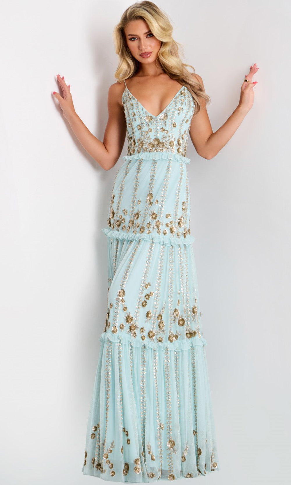Jovani 44060 - Floral Sequin Tiered A-Line Evening Gown - back view