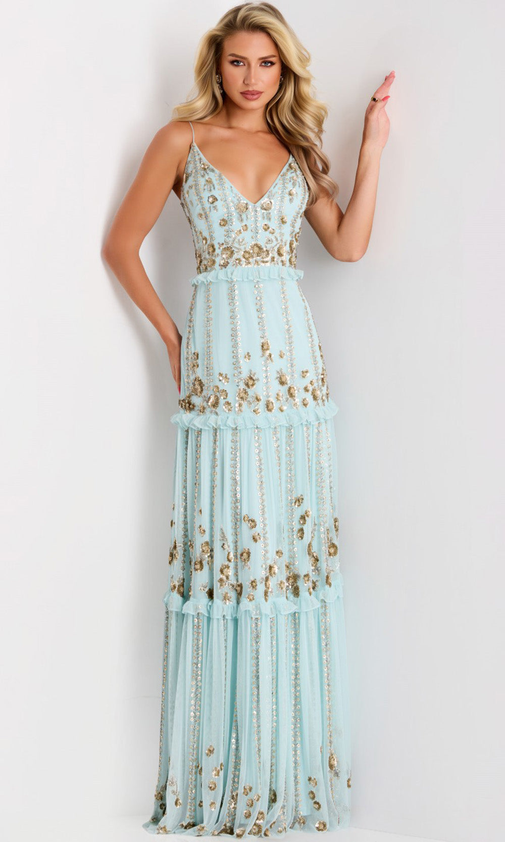 Jovani 44060 - Floral Sequin Tiered A-Line Evening Gown - detail view