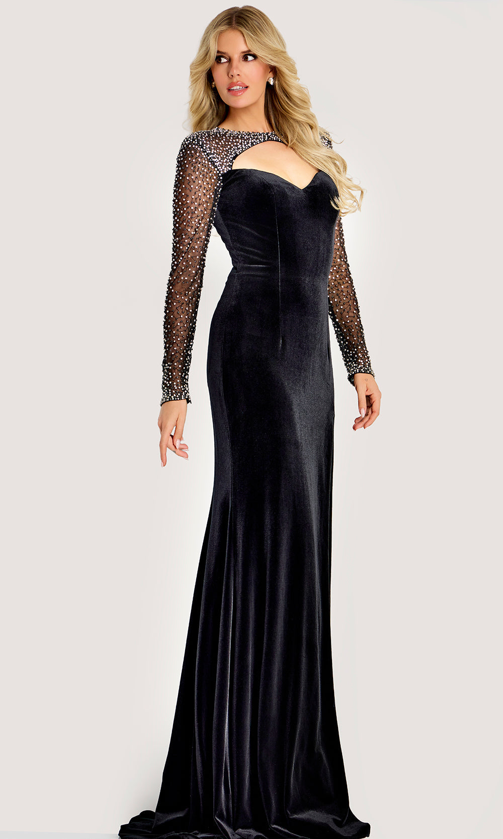 Jovani 44291 - Illusion Beaded Bodice Velvet Evening Gown - back view