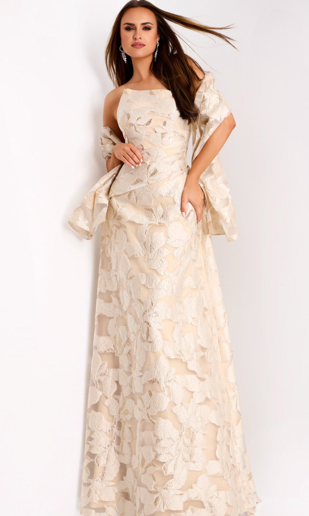Jovani 44370 - Strapless Asymmetric Neck Jacquard Gown - detail view