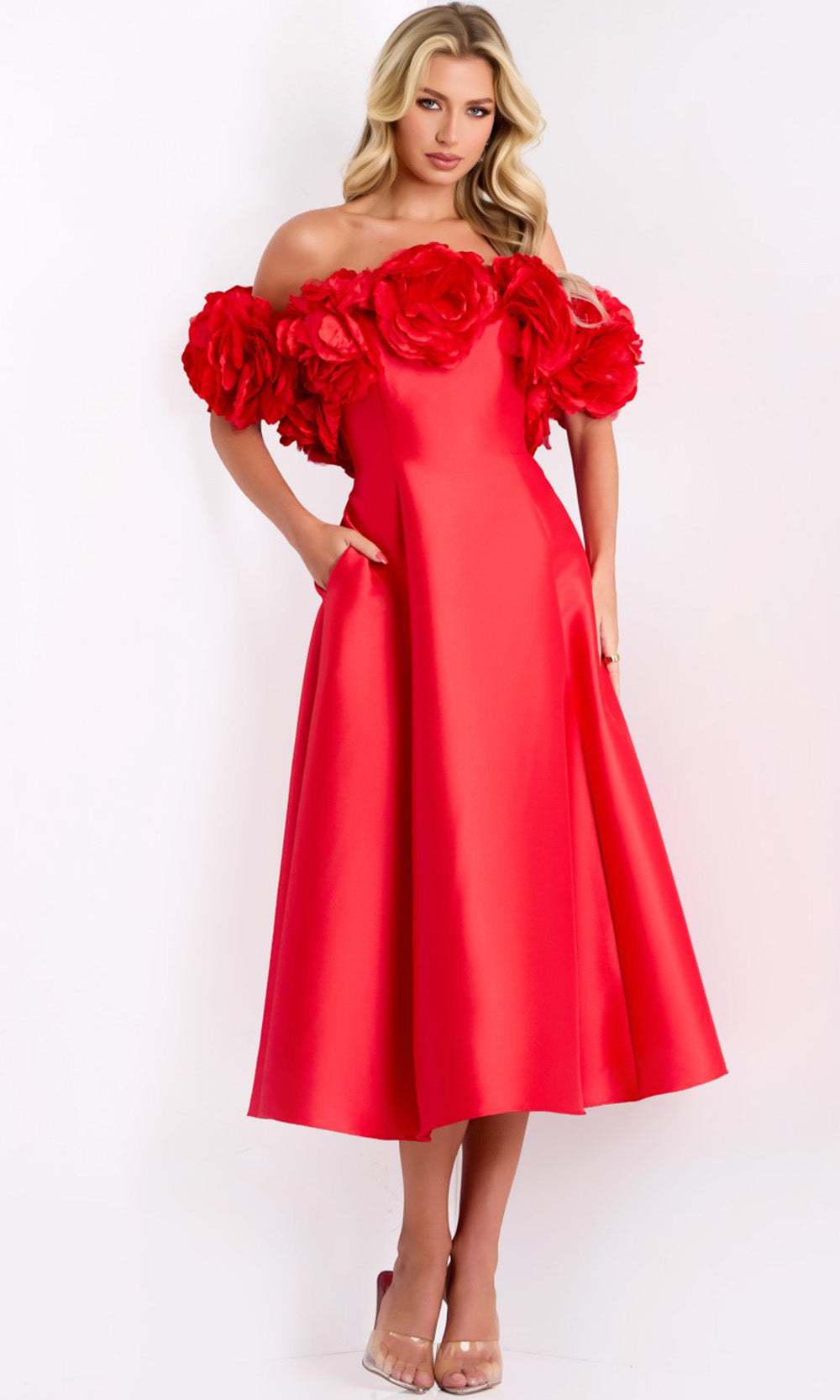 Jovani 44179 - Off-Shoulder Midi Dress with Florals - designer homecoming dress at Silhouette Dresses