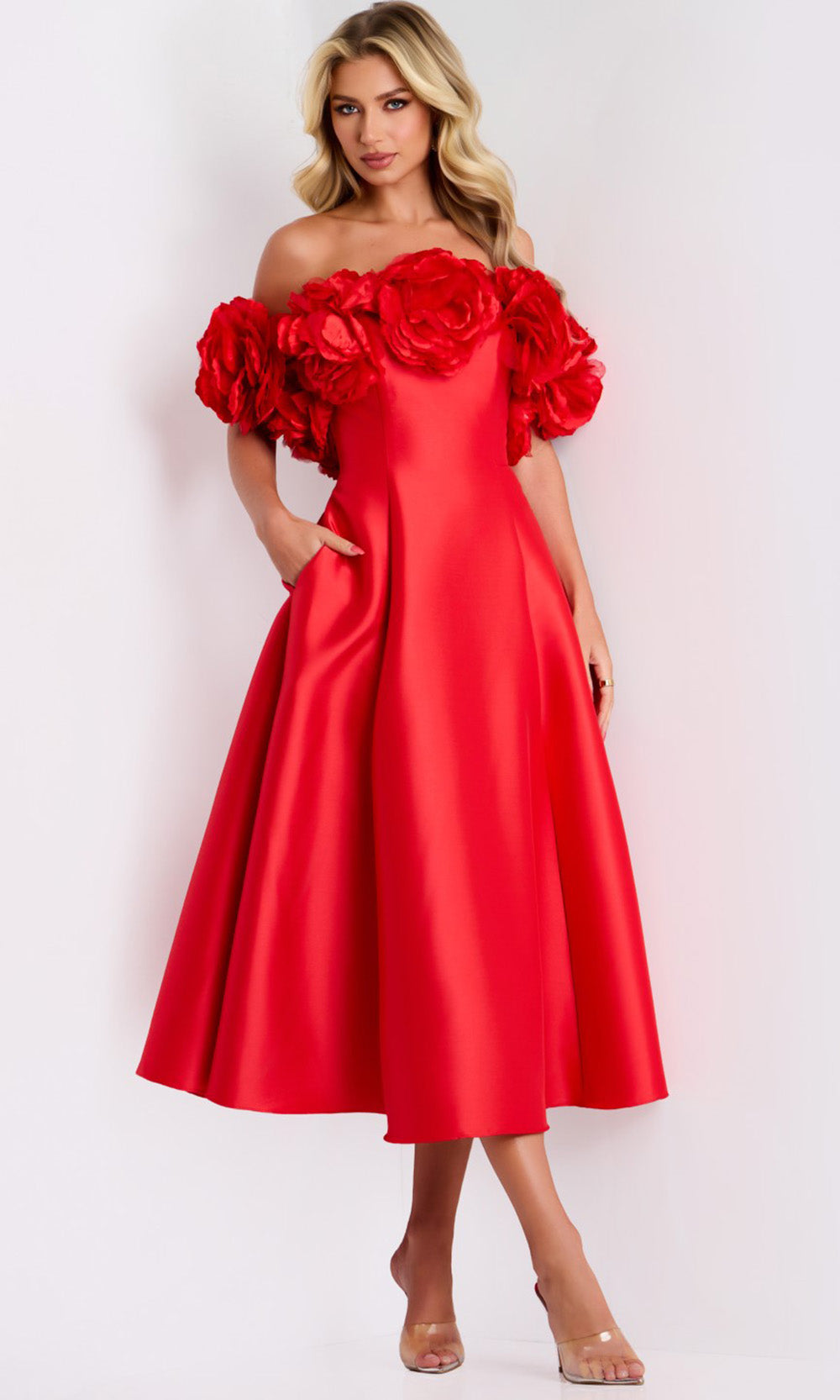 Jovani 44179 - Off-Shoulder Midi Dress with Florals - back view